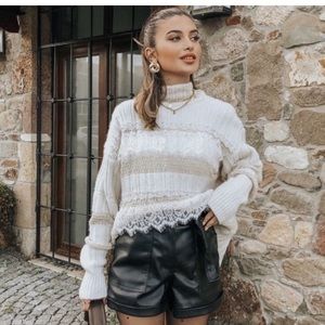 Zara Cream and Beige Lace-Trim Knit Sweater